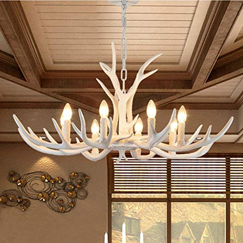Kronleuchter Geweih Vintage Style Harz Licht Geweih Kronleuchter Wohnzimmer Lampen Bar Esszimmer Village Retro Restaurant Lampen Cafe Korridor Weiß Hänge Pendelleuchten,8 heads 95CM