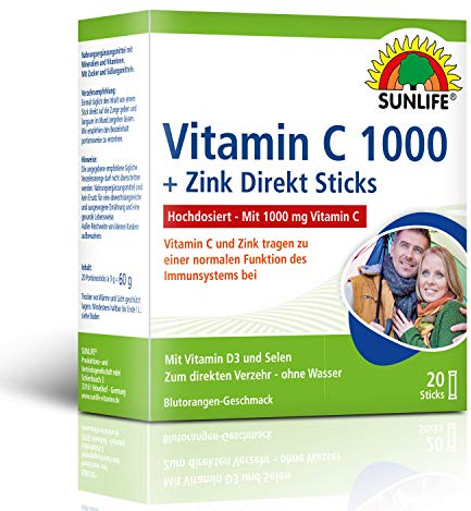 SUNLIFE Vitamin C 1000 + Zink Direkt - 1x20 Pulver Sticks Blutorange Geschmack - Granulat mit Vitamin D & Selen - Nahrungsergänzungsmittel für Immunsystem - pro Stick 1000 mg Vitamin C & 10 mg Zink