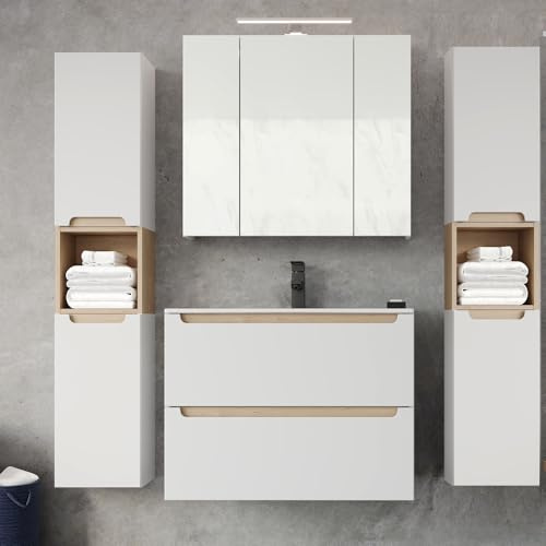 Lomadox Badezimmermöbel Set mit 80cm Waschtisch & LED-Spiegelschrank, Hochglanz weiß mit Trüffel-Buche, B/H/T ca. 180/200/46 cm