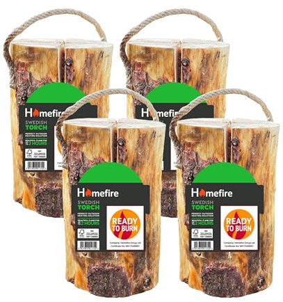 Swedish Fire Torch Instant Fire Wood - 4 x Extra Dry Kiln Dried Logs. Perfect for a Garden Fire Pit. Can Be Used as a Campfire, Stove or Even a Garden Lantern/Garden Candle