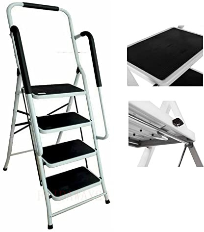 Trittleiter, Klapptritt, Stehleiter mit Handlauf, Leiter mit 4 Stufen Klappbar, Breite Stahl-Stufen mit Anti-Rutsch-Matten, Haushaltsleiter Tritthocker klappbar, bis 150kg belastbar, Klapptrittleiter