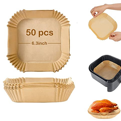 HIUOUIH Carta Forno per Friggitrice ad Aria 50 Pezzi Quadrato Getta Antigrasso Antiaderente Fodera 16 cm Impermeabile Teglie in Monouso Temperatura Carta per Padella, Forno, Grill