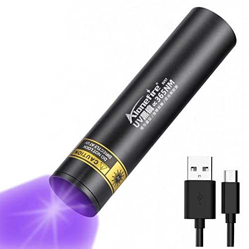 Alonefire SV57 3W Piccola Torcia UV 365nm Ricaricabile Ultravioletto Luce Nera Mini Macchia Denaro Rilevatore per Fluorescina, Resina, Minerali di Urine con Indicatore di Carica, Batteria Integrata