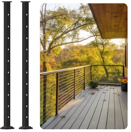 CR Fence & Rail Level Drilled Cable Railing Post, 2pcs 91.5cm Powder Coated Fence Post, Metal Posts for Cable Railing Kit, Black Metal Deck Railing Post for Indoor, Outdoor, Porch, & Balcony (91.5cm)
