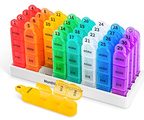 Zoksi Tablettenbox Monat 32 Tage, Pillendose 31 Tage 4 Fächer Morgens Mittags Abends Schlafenszeit, Medikamentenbox für 1 monat,mit Täglicher Tragbarer Pillenbox für Unterwegs