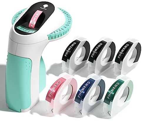 Phomemo Etikettiergerät, 3D Prägegerät E975, Tragbarer Beschriftungsgerät, Grün Etikettenprägegerät mit 6 Etikettenband, Etikettendrucker mit (£ € Ä Ö Ü), Einfach zu Verwenden für Haus, Büro