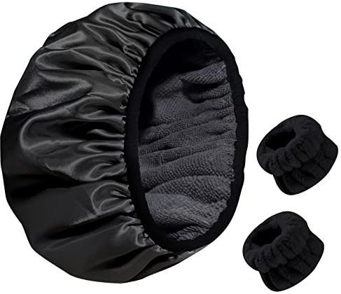 AYNKH Towel Lined Shower Cap, Microfiber Terry Cloth Silky Satin Stretchy Bathing Cap, Waterproof Triple Layer Reusable for All Hair Lengths, Quick Dry Hair Deep Conditioning