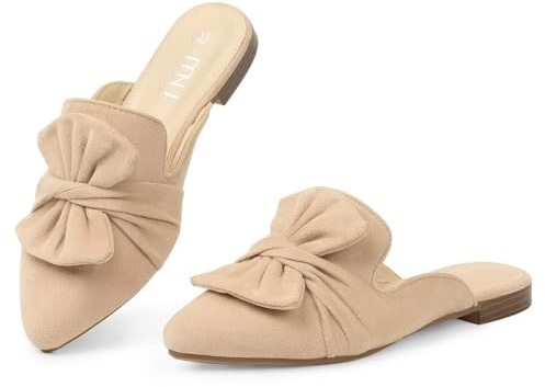 MUSSHOE Suede Bowknot Mules for Women: Comfortable Lightweight Pointed Toe Slip On Flats - Non-Slip Dressy Backless Loafers for Office Business & Everyday Wear, Nude Suede 6.5
