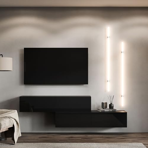 Planetmöbel TV Wohnwand Wohnzimmer 2X 140 cm Schwarz, Modern, TV Schrank mit 2 Klappen als Stauraum, hängend oder stehend
