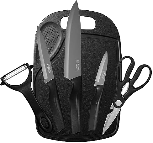 HARD Messer Set | 9-in-1 Set | 6-teiliges Küchenmesser Set inkl. Schneidebrett Sparschäler & Schere | Scharfe Edelstahl Klingen | Ergonomische Griffe | Starter Küchenset in Silber