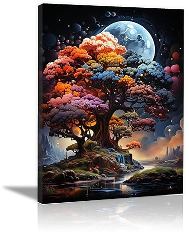 SHYAMIC Bilder Weihnachten Leinwandbild Kunstdruck, Bunter Baum des Lebens Wandbild X-Mas Fenster Fotodruck Kunstdruck Leuchtbild, Weihnachten Winteridylle Effekt - 75x115cm Gerahmt