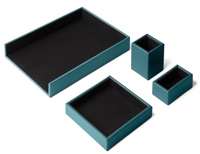 Eglooh - Atena - Schreibtisch Set Echtes Leder Türkisgrün Blau - Schreibtisch Zubehör mit 4 Stücken: Taschenleerer, Stiftehalter, Ablagefächer, Visitenkartenhalter - Made in Italy