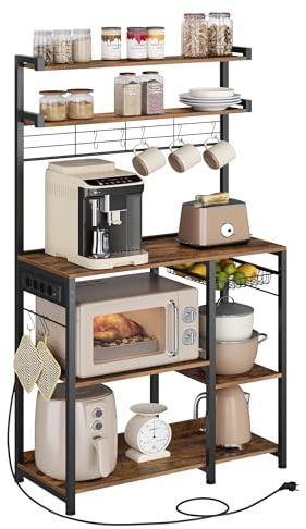 VASAGLE Scaffale Cucina con Prese di Corrente, Scaffale per Microonde, 8 Ganci a S, Mobile Cucina, Portaspezie, 40 x 90 x 165,5 cm, Marrone Vintage e Nero Inchiostro KKS031K11