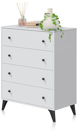 duehome | Comoda de 4 Cajones para Dormitorio, Cajonera Dormitorio, Modelo Iconic, Acabado en Blanco Artik y Negro, Medidas: 77,5 cm (Largo) x 95 cm (Alto) x 40 cm (Fondo)