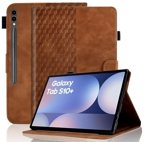 Vkooer Hülle für Samsung Galaxy Tab S10 + Plus (2024) / S9+ Plus (2023) 12.4 Zoll Tablet Folio Schutzhülle, PU Leder Tablet Taschen Flip Ständer Cover Case Würfel mit Stifthalter, Braun