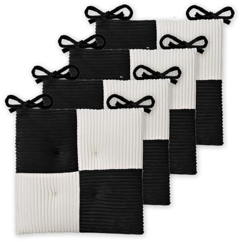 Zalvox Office Stacking Chair Cushions 4 Pack, Corduroy High Density Foam Kitchen Seat Cushions with Ties, Square 17 x 17 Indoor Non-Slip Dining Chair Pads, Black+ White，4pcs