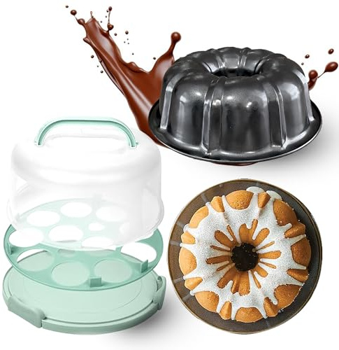 CREACAKE 10 inch Buntz Cake Pan Non stick with 12in Cake Carrier for Easy Transportation - Premium Fluted Cake Pans For Oven, Cake Mold, Moldes para Gelatinas, Mint Green Color