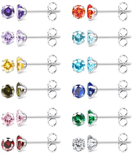 JeweBella 12Paires Petites Boucles d'Oreille Acier Inoxydable Femme Hypoallergénique Rondes Clou d'Oreilles Boucles d'Oreilles Zircon Multicolores Boucles d'Oreilles Pierre de Naissance 3/4/5mm