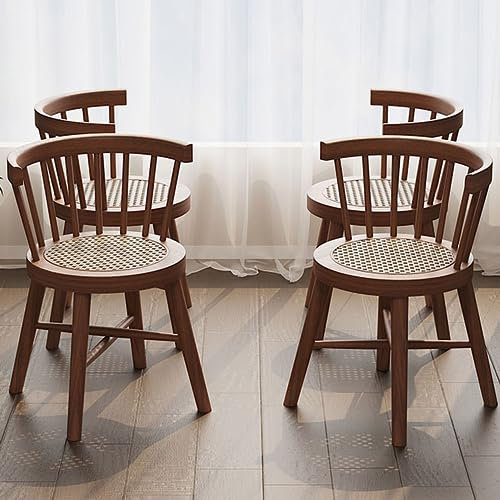 Esszimmerstühle mit natürlichem Rattansitz, 4er-Set, Holz-Esszimmerstuhl, rustikaler Stil, Küchenzimmer, ländliches Bauernhaus, Beistellstühle, gestreifte, Hohle Rückenlehne, 45 cm Sitzhöhe