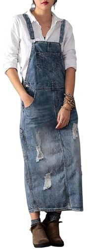 chouyatou Women's Adjustable Strap Distressed Denim Overall Dress A-Line Pinafore Jean Dress with Split (Small, Light Blue)