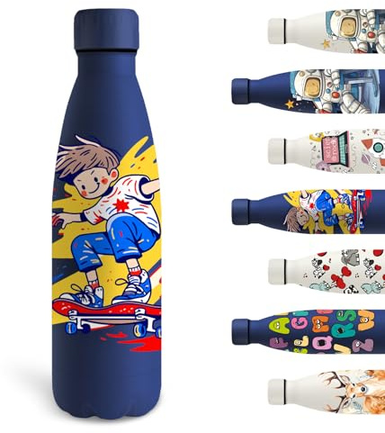 Grsta Botella Agua Acero Inoxidable, 500ml Botella Termica, Botellas de Agua sin BPA, Botellas Agua Personalizada, a Prueba de Fugas, para la Escuela, Viajar, Deportes, Azul Marino