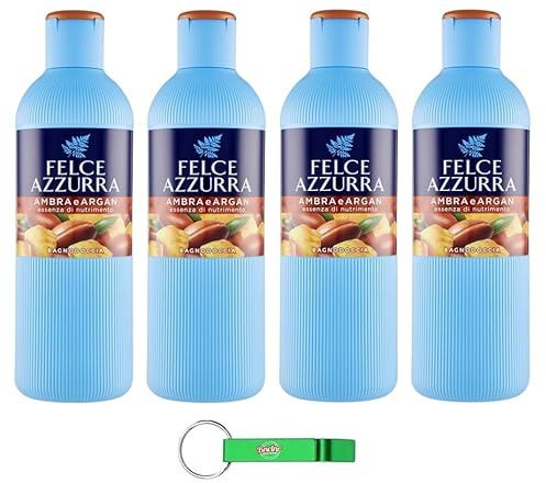 Felce Azzurra Bagnodoccia Ambra e Argan, 4 panni per il corpo, gel doccia ambra e argan, profumo inconfondibile, idrata la pelle 650 ml + portachiavi Beni Culinari