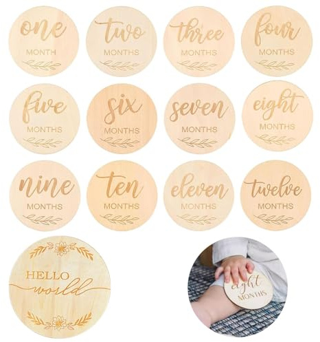 13 Stück Holz Meilensteinkarten Baby und Hello World Baby Holzschild Set, Doppelseitige Monatliche Meilensteinkarten, 15cm Rundes Baby Ankündigungsschild, für Baby Shower Foto Requisiten Geschenk