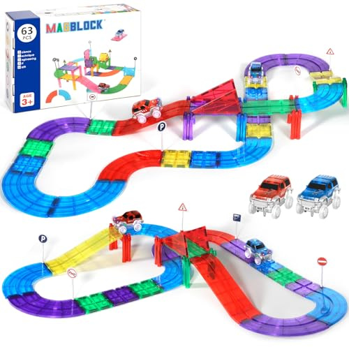 AQXONG 63st track racing magnetisk byggklossleksak för barn Lämplig för 3+ (63Pcs)