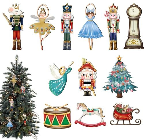 Decoración de árbol de Navidad con temática de cascanueces, 12 manualidades de madera para colgar, colgante para coche, decoración navideña para el hogar