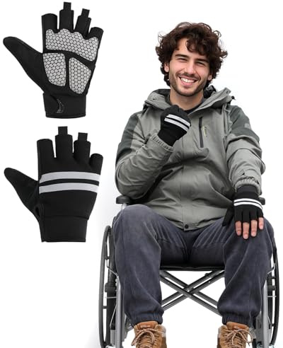 HZBEGX Wheelchair Gloves Half-Finger with Anti-Blister Padding & Shock Absorption - Anti-Slip Rubber Palms, Touchscreen Tips & Reflective Trim (Black, Large)