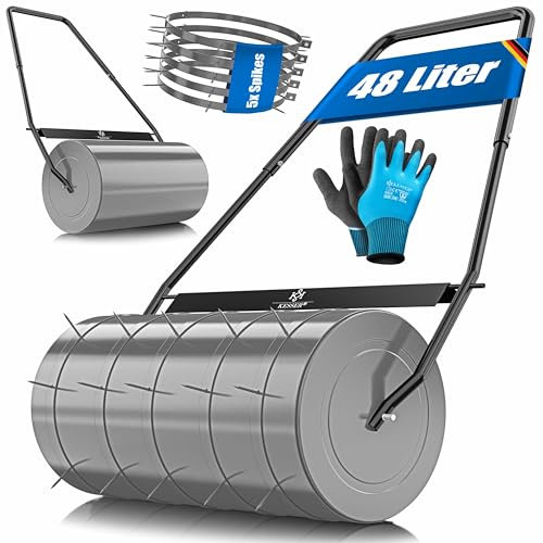 KESSER® Rasenwalze Metall befüllbar mit Wasser oder Sand mit 48 Liter Füllvolumen & 60cm breit | Gartenwalze inklusive 5X Spikes & Handschuhe | Handwalze Rasenroller Ackerwalze Walze in Anthrazit