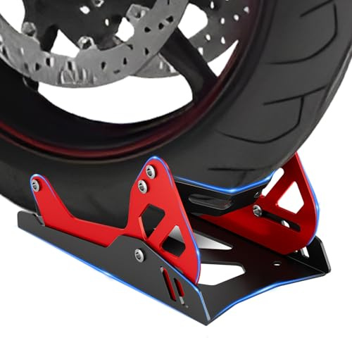 Heavy-Duty Steel Motorcycle Wheel Chock for Trailer Mount | Anti-Rust Black/Red Design | Universal Front Wheel Chock Stand for Dirt Bikes & Motorcycles | Compact & Portable (5.3”H x 10.8”L x 6.1”W)