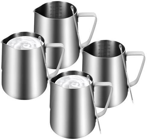 Barista - 4 brocca per latte in acciaio inox, 900 ml, 31 OZ, con scala, 4 aghi per fiori per caffetterie, ristoranti, bar, cappuccino