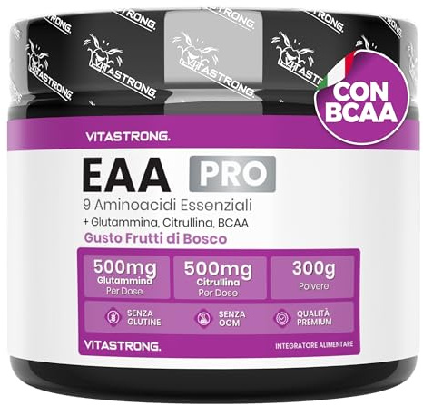 EAA PRO 9 Acides Aminés Essentiels Vitastrong, EAA en poudre 300g aux Fruits Rouges, Acides Aminés Ramifiés BCAA, Glutamine, L Citrulline, L Tyrosine, L Lysine, L Tryptophane, Méthionine, Leucine Pure