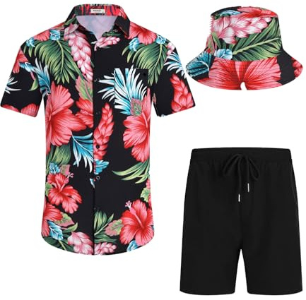 SPKPKEY Set camicia hawaiana da uomo e pantaloncini, vestibilità regolare, maniche corte, abbigliamento casual da spiaggia con cappello alla pescatora S-XXL, Fiore nero e rosso, XL