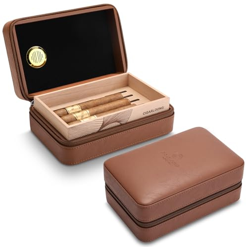 Tragbare zigarren humidor Leder,Reise Zigarrenetui Röhre für 10 Zigarren mit 2 Zedernholzschichten & eingebautem Befeuchter für Zigarrenliebhaber (Braun)