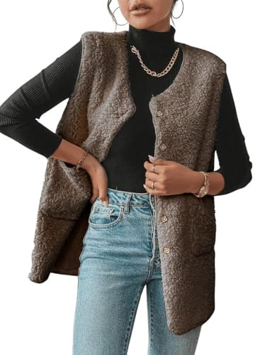 Joligiao Chaleco de Forro Polar Mujer Termico Sin Mangas Chaleco de Invierno Largo Chaqueta Mujer Lana Polar Invierno con Bolsillos con Botón Cálido Chaqueta de Peluche(Marrón café,M)