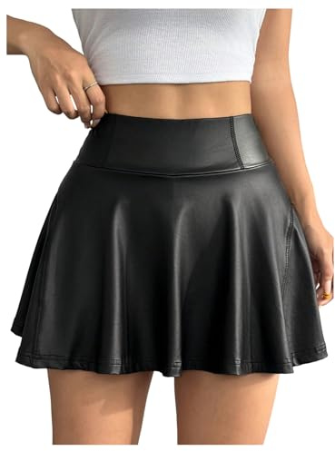GORGLITTER Women's PU Leather Swing Mini Skirts High Waisted A Line Skater Skirt with Shorts Lined Black Medium