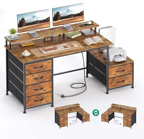 CAIYUN 132 x 48cm Schreibtisch mit 6 Schubladen und Druckerständer, umkehrbarer Computertisch mit Monitorständer und Steckdosen, Schreibtische für das Homeoffice, Vintage-Braun