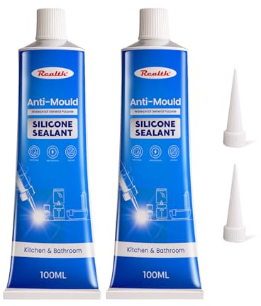 Realth Anti-Mould Silicone Sealant 2 Packs 100ml Clear | Bath and Kitchen Sealant, Waterproof General Purpose, Ideal for Showers Toilets Tiles Worktops Window & More