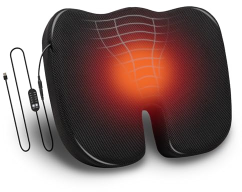 Mind Reader Heated Memory Foam Seat Cushion with Air-Cloud Support, Slim Ergonomic Cushion with 4 Heat Settings Timer and Auto Shut-Off, Black