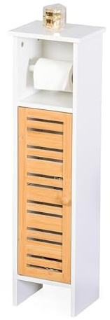 Relaxdays Toilettenpapierhalter stehend, Badezimmerregal 3 Ablagen, HBT 78x21x17 cm, MDF, Bambus, WC Schrank, weiß/Natur