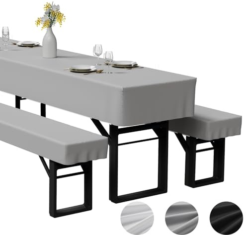 Zdada 3-teilige Bierzeltgarnitur Auflage Polyestermaterial (Grau, 220x70cm) | Enthält 2 Bierbank Hussen und 1 Biertisch Husse aus, Waschbar, Fixierbar und Windfest Bierzeltgarnitur Hussen, für Bankette