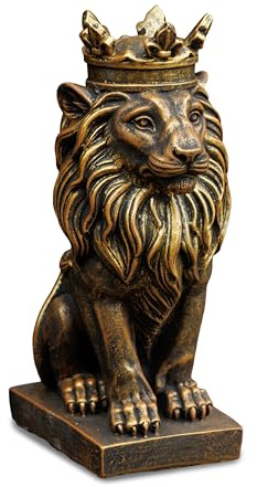 gartendekoparadies.de Dekorative Löwenfigur mit Krone, Löwe Steinfigur, Steinguss, 36 cm Höhe, 9 kg, Frostsicher (Gold)