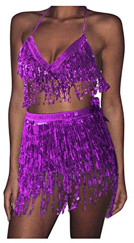 Bauchtanz Kostüm Damen Pailletten Fransen Mini Rock und Oberteil Set Sexy Rückenfrei Neckholder BH Glitzer Tanztop Tanzröck 2 Teilig Glänzend Pailettenrock Top Silvester Karneval Party Hüfttuch Outfit