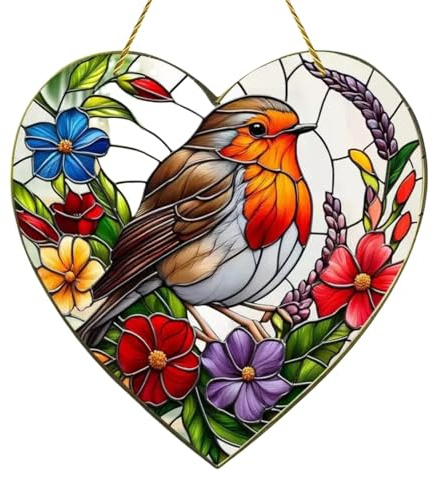 Fenster-Sonnenfänger,Große Herzförmige Fensterbehänge,Robin-Buntglas-Sonnenfänger, hängende Sonnenfänger-Gartenornamente für den Außenbereich mit Buntglaseffekt, Acryl-Fensterbehang