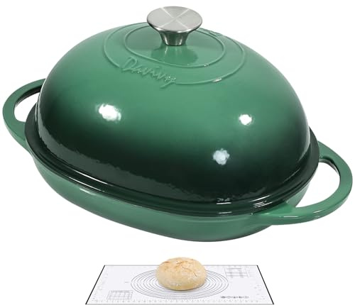 Davivy Horno holandés ovalado de hierro fundido esmaltado de 5.5 L para pan de masa madre, olla holandesa de 6 cuartos con tapa abovedada, olla de pan de hierro fundido (verde bosque, con alfombrilla