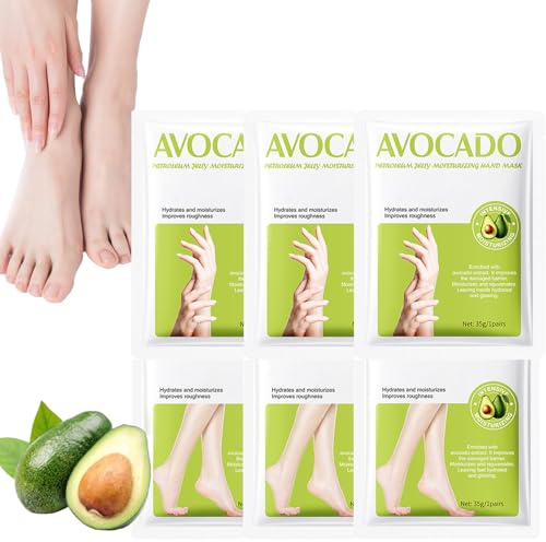 Lot de 6 paires de chaussettes et masque pour les mains à l'avocat - Masque hydratant pour les pieds - Élimination des callosités - Exfoliant doux - Pour peaux très sèches et fissurées - Soins des