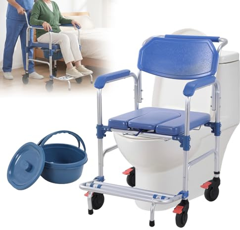 Hubxinly 3 in 1 Foldable Rolling Shower Chair with Wheels Drop Arms Adult Chair for Seniors Bedside Commode Anti-Tilt Foldable Footrest Holds Up to 330 Lbs Removable Bucket for Disabled and Preg