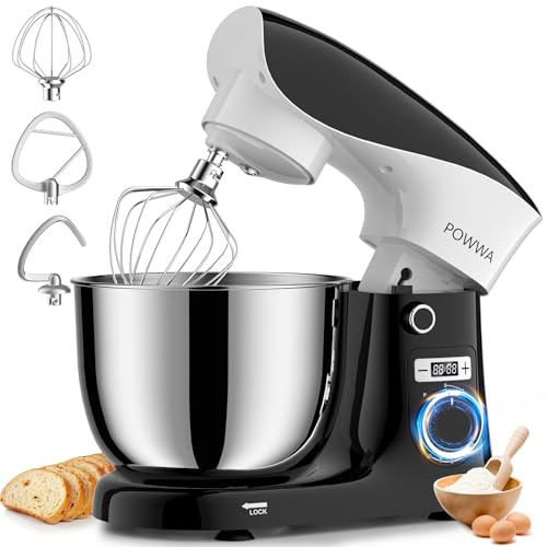 Batidora Amasadora Profesional POWWA 5L, Negro Blanco | 10 Velocidades con Pulso, Bajo Ruido, Multifunción, Accesorios para Batir y Amasar